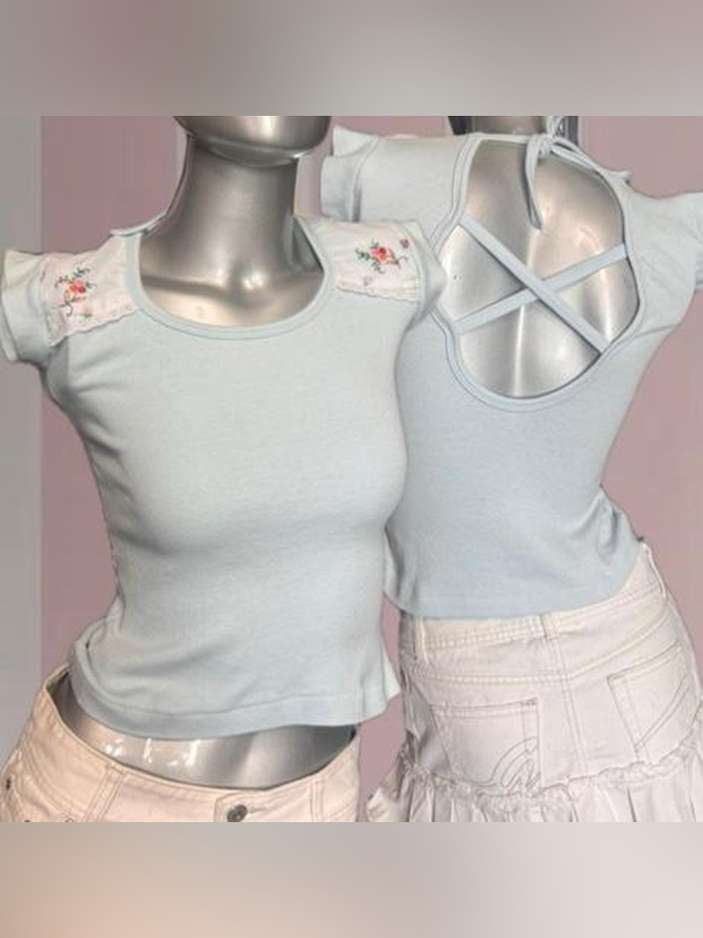 Oliver Paris Y2K Baby Blue Open-Back Tee W/ Floral Embroidery